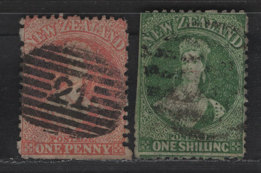Lot 160 New Zealand SG#111, 124 1d - 1/- Pale Orange Vermillion - Green Queen Victoria, 1864-1871 Chalon Heads Issue, 2 Good/Very Good Used Singles