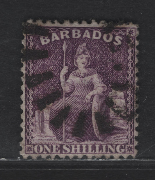 Lot 16 (C) Barbados SG#82 1/- Aniline Violet Britannia, 1875-1881 Britannia Issue, A Very Fine Used Single, Crown CC Sideways Wmk