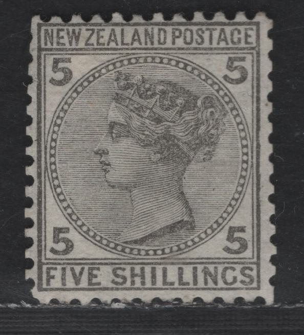 Lot 163 New Zealand SG#186 5/- Gray Queen Victoria, 1878-1882 First Queen Victoria Sideface Issue, A FOG Single, Perf 12x11.5
