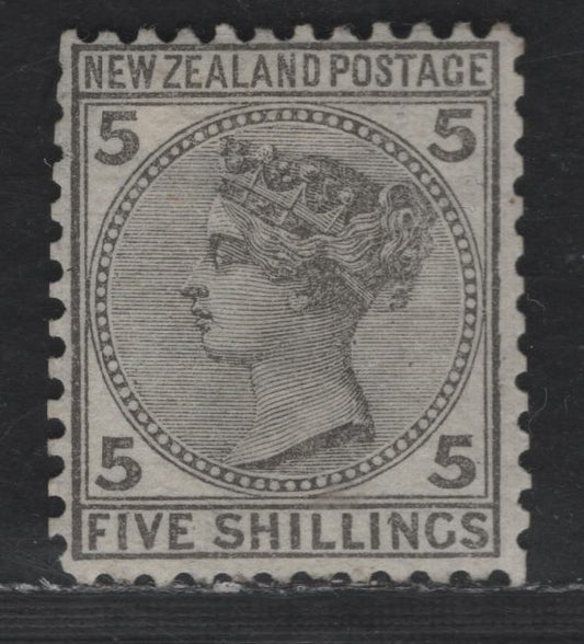 Lot 163 New Zealand SG#186 5/- Gray Queen Victoria, 1878-1882 First Queen Victoria Sideface Issue, A FOG Single, Perf 12x11.5