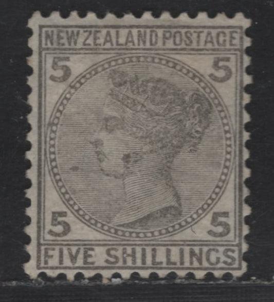 Lot 164 New Zealand SG#186 5/- Gray Queen Victoria, 1878-1882 First Queen Victoria Sideface Issue, A FOG Single, Perf 12x11.5, Star & NZ Wmk, Signed 'Soreni', Large Printing Flaw on Queen's Cheek