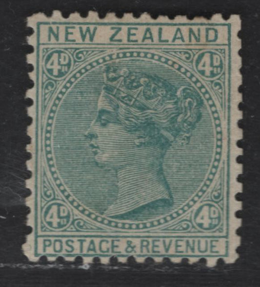 Lot 166 New Zealand SG#199 4d Green Queen Victoria, 1882-1900 Second Queen Victoria Sideface Issue, A VFOG Single Perf 12x11.5, NZ & Star Wmk With 7mm Gap (12b), Vertical Mesh Paper