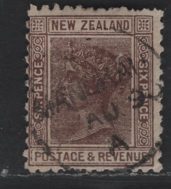 Lot 169 New Zealand SG#212 6d Brown Queen Victoria, 1890 Second Queen Victoria Sideface Issue, A Very Good Used Single, Perf 12.5, NZ & Star Wmk With 4mm Gap (12c), Vertical Mesh Paper