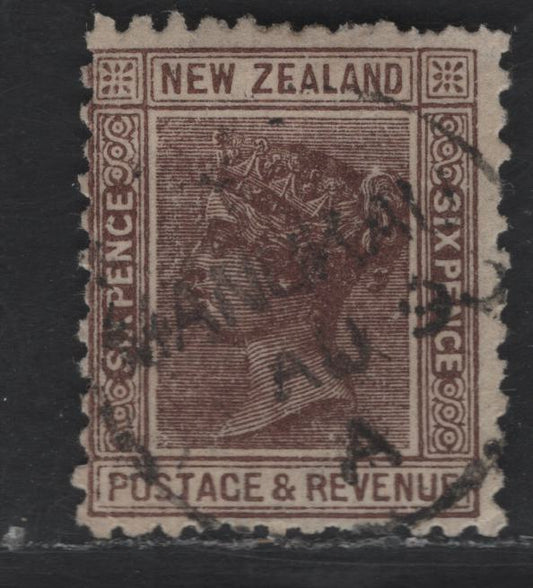Lot 169 New Zealand SG#212 6d Brown Queen Victoria, 1890 Second Queen Victoria Sideface Issue, A Very Good Used Single, Perf 12.5, NZ & Star Wmk With 4mm Gap (12c), Vertical Mesh Paper