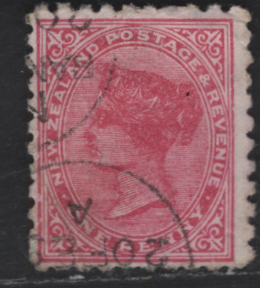 Lot 170 New Zealand SG#218g 1d Deep Rose Queen Victoria, 1891-1895 Second Queen Victoria Sideface Issue, A Fine Used Single, Perf 10, Wmk 12b, Vertical Mesh Paper, Red Advert On The Back