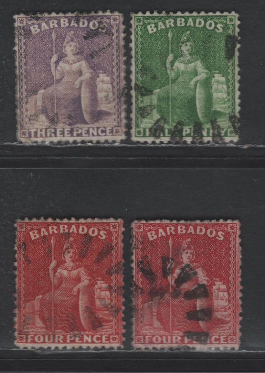 Lot 17 Barbados SG#72, 75-77 1/2d - 4d Bright Green - Red Britannia, 1875-1881 Britannia Issue, 4 Very Fine Used Singles, Crown CC Wmk, Perf 14