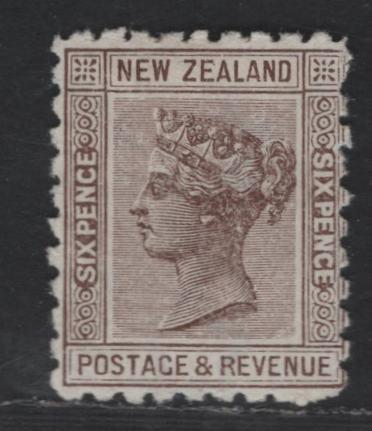 Lot 174 New Zealand SG#224b 6d Brown Queen Victoria, 1891-1895 Second Queen Victoria Sideface Issue, A FOG Single, Perf 10, Wmk 12b, Vertical Mesh Paper