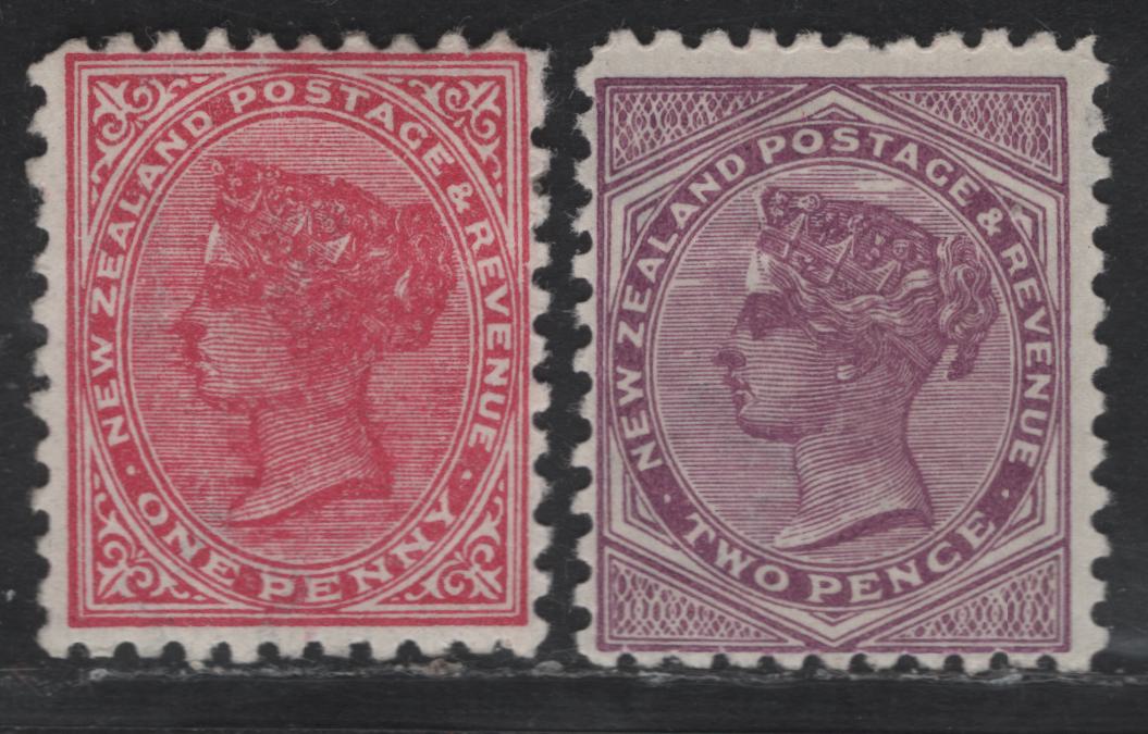 Lot 178 New Zealand SG#237, 258 1d - 2d Carmine - Mauve Queen Victoria, 1895-1897 Second Queen Victoria Sideface Issue, 2 FOG Singles, Perf 11, Die 3, Wmk 12b, Vertical Mesh Paper