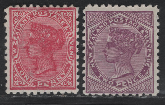 Lot 178 New Zealand SG#237, 258 1d - 2d Carmine - Mauve Queen Victoria, 1895-1897 Second Queen Victoria Sideface Issue, 2 FOG Singles, Perf 11, Die 3, Wmk 12b, Vertical Mesh Paper
