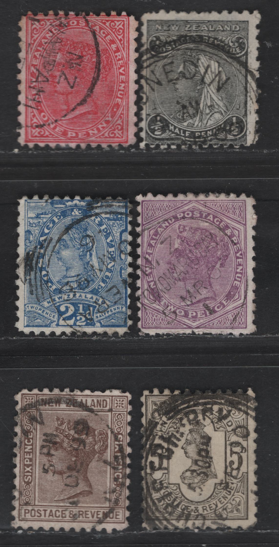 Lot 179 (C) New Zealand SG#236-239, 242-243 1/2d - 6d Black - Brown Queen Victoria, 1895-1900 Second Queen Victoria Sideface Issue, 6 Fine/Very Fine Used Singles Perf 11, Wmk 12b, Die 2, Vertical Mesh Paper
