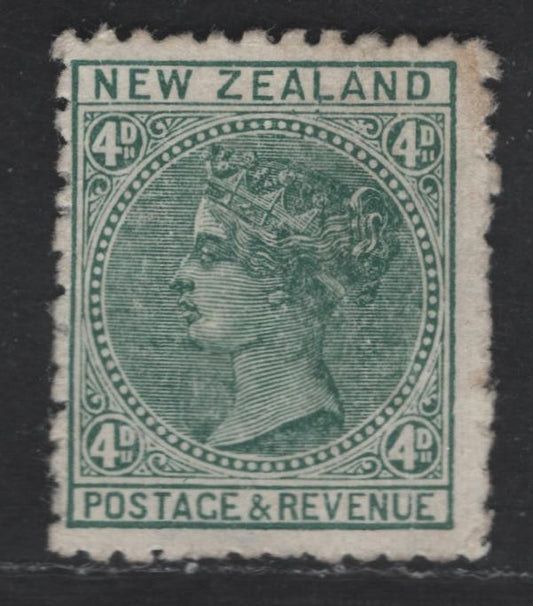 Lot 180 New Zealand SG#241a 4d Bluish Green Queen Victoria, 1895-1900 Second Queen Victoria Sideface Issue, A FOG Single Perf 11, Wmk 12b, Vertical Mesh Paper