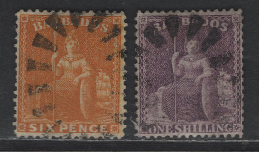 Lot 18 (C) Barbados SG#80, 81w 6d - 1/- Chrome Yellow - Purple Britannia, 1875-1881 Britannia Issue, 2 Very Fine Used Singles, Crown CC Sideways & Sideways Inverted Wmks