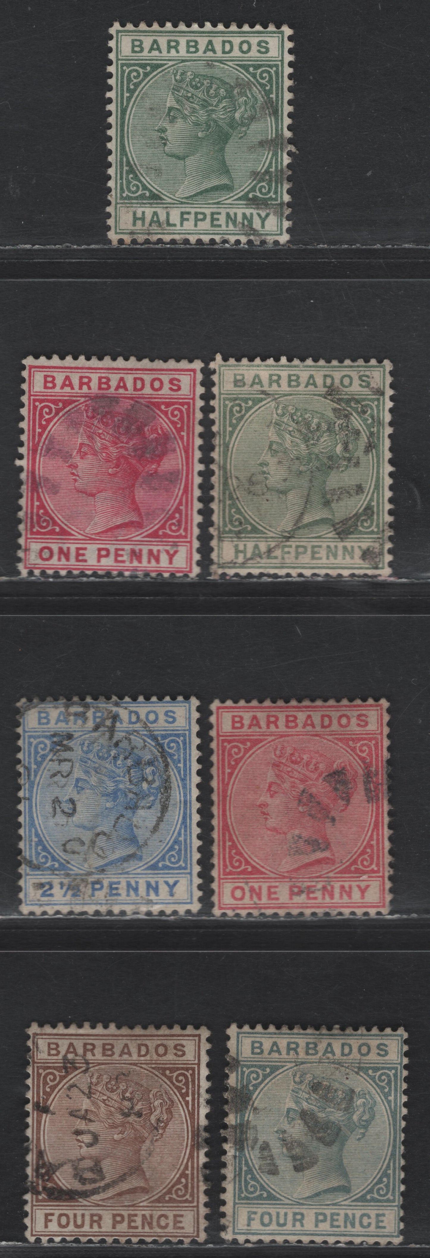 Lot 19 (C) Barbados SG#89-93, 97-98 1/2d - 4d Green - Brown Queen Victoria, 1882-1886 Queen Victoria Keyplates Issue, 7 Fine/Very Fine Used Singles