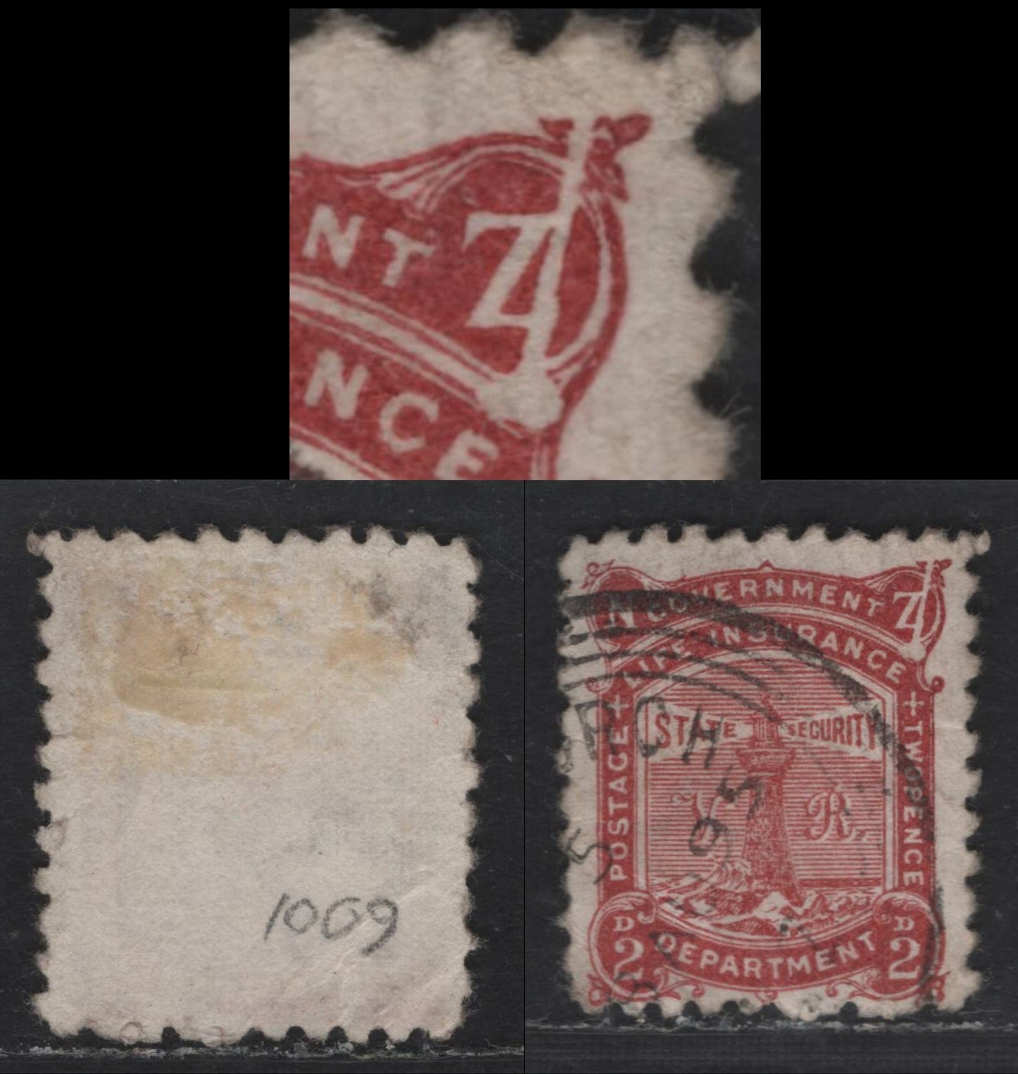 Lot 190 (C) New Zealand SG#L9a 2d Red Brown Lighthouse, 1891-1898 Life Insurance Department Issue, A Very Good Used Single, Perf 10, Wmk 12b, Z Flaw, Light Corner Crease