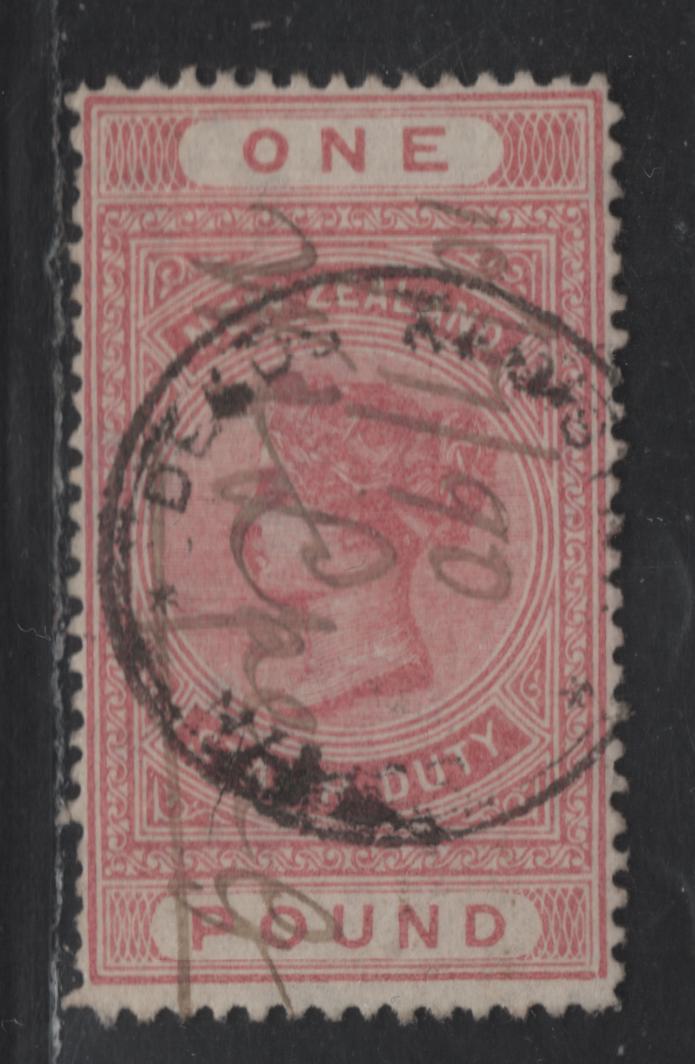 Lot 191 New Zealand SG#F21 £1 Rose Pink Queen Victoria, 1892-1930 Postal Fiscal Revenue Cancels Issue, A Very Fine Used Single, Wmk 12a