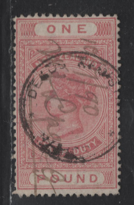 Lot 191 New Zealand SG#F21 £1 Rose Pink Queen Victoria, 1892-1930 Postal Fiscal Revenue Cancels Issue, A Very Fine Used Single, Wmk 12a