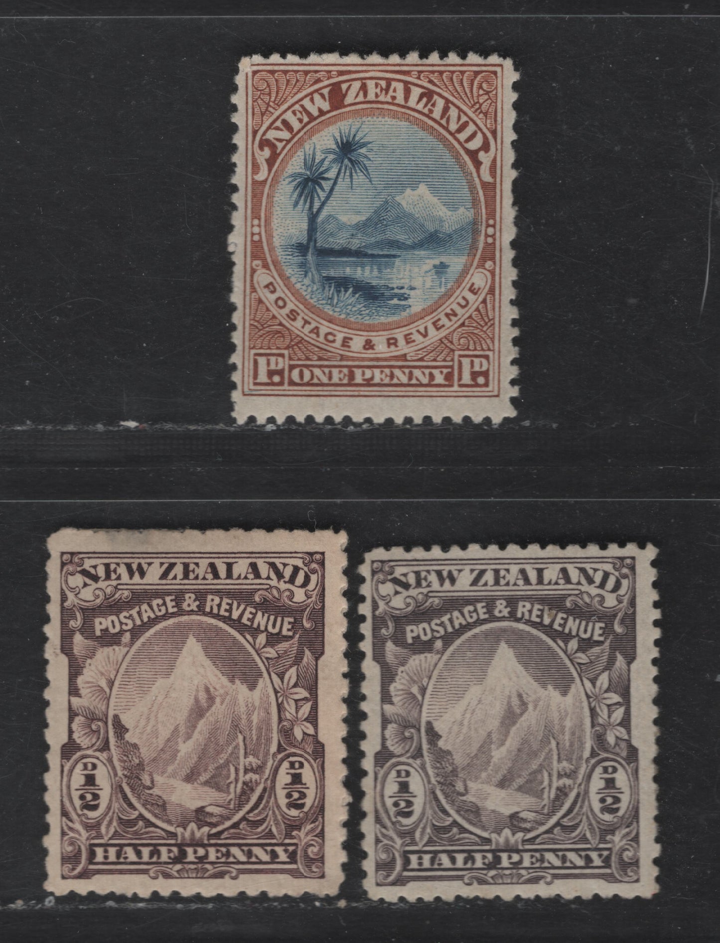 Lot 194 New Zealand SG#246,b, 247 1/2d -1d Purple Brown - Blue & Yellow Brown Mount Cook or Aorangi - Lake Taupo & Mount Ruapehu, 1898 Pictorial Issue, A FOG Singles, Unwatermarked, Perf 12-16