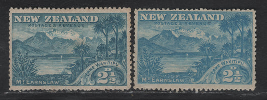 Lot 195 New Zealand SG#249-a 2.5d Blue & Sky Blue Lake Wakatipu & Mount Earnslaw, 1898 Pictorial Issue, 2 VFOG Singles, Unwatermarked, Perf 12-16, Inscription Spelled Wakitipu