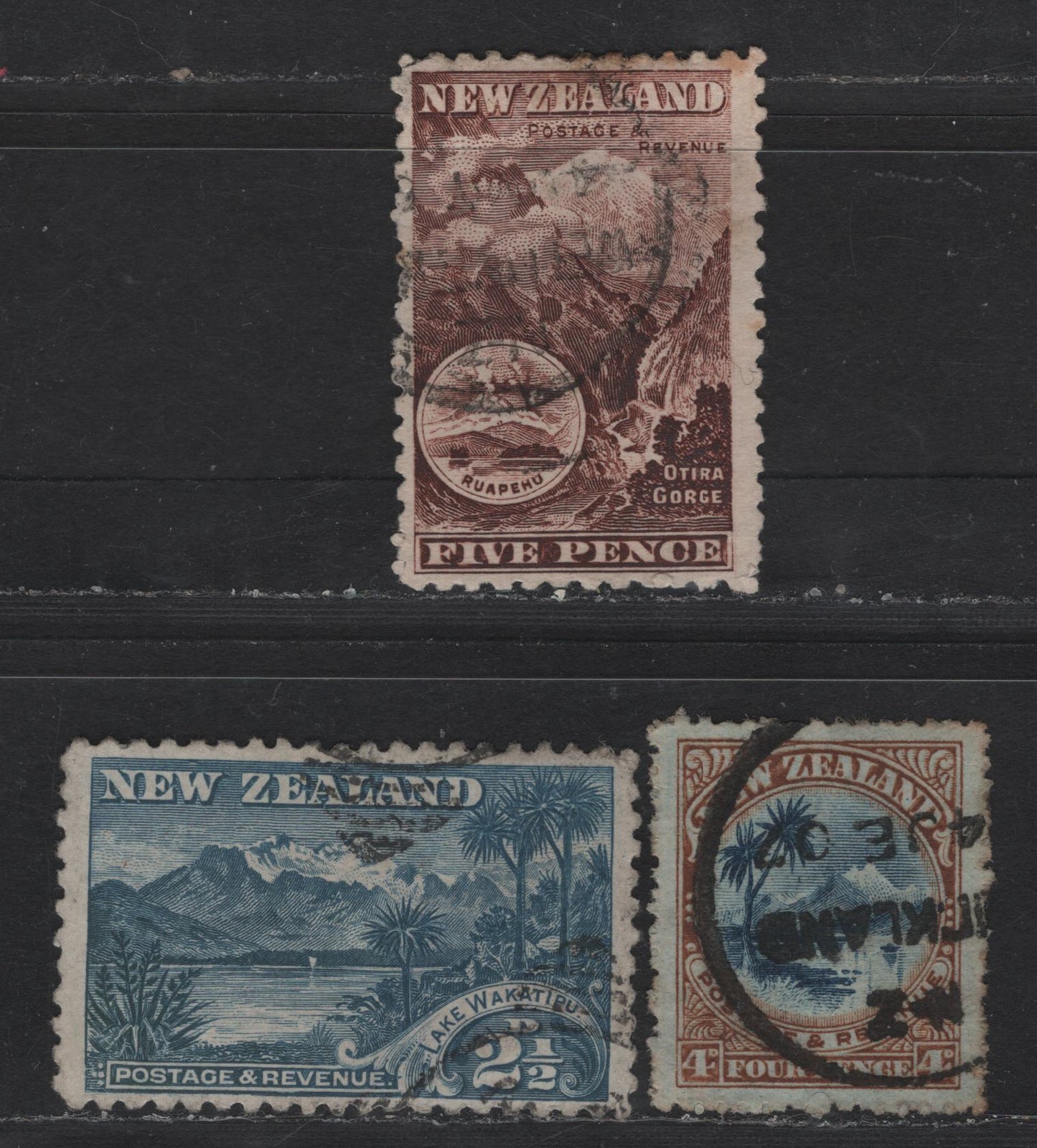 Lot 198 (C) New Zealand SG#260, 262a, 263 2.5d - 5d Blue - Purple Brown Lake Wakatipu & Mount Earnslaw - Otira Gorge & Mount Ruapehu, 1899-1903 Pictorial Issue, 3 Fine/Very Fine Used Singles, Perf 11, Unwatermarked