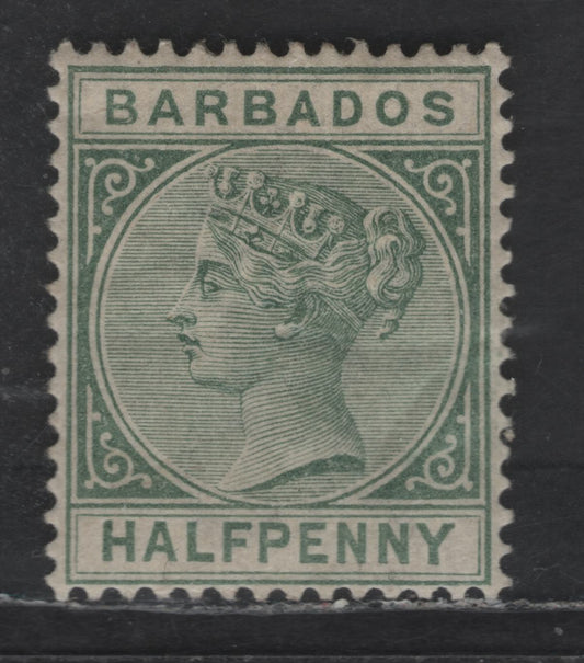 Lot 20 Barbados SG#89 1/2d Dull Green Queen Victoria, 1882-1886 Queen Victoria Keyplates Issue, A VFOG Single, Crackly Gum With Gum Wrinkles, Crown CA Wmk