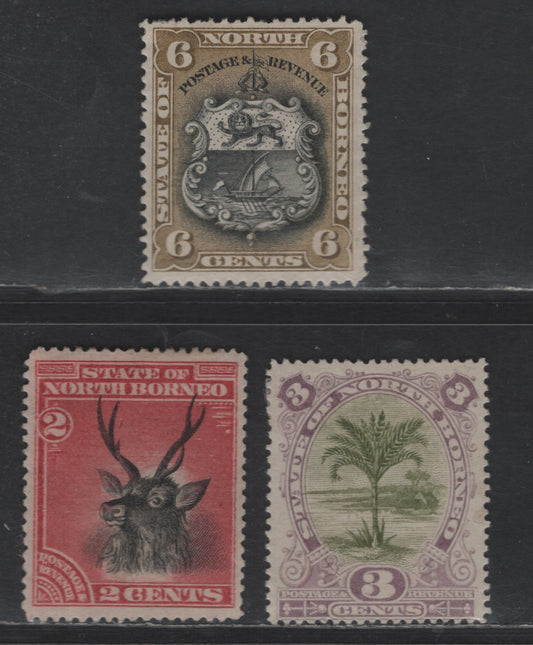 Lot 202 North Borneo SG#68, 70, 73a 2c - 6c Black & Rose - Black & Bistre Brown Sambar Stag - Arms of the Company, 1894 Pictorial Issue, 3 F/VFOG Singles, Perfs 14.5x15 & 13.5x14