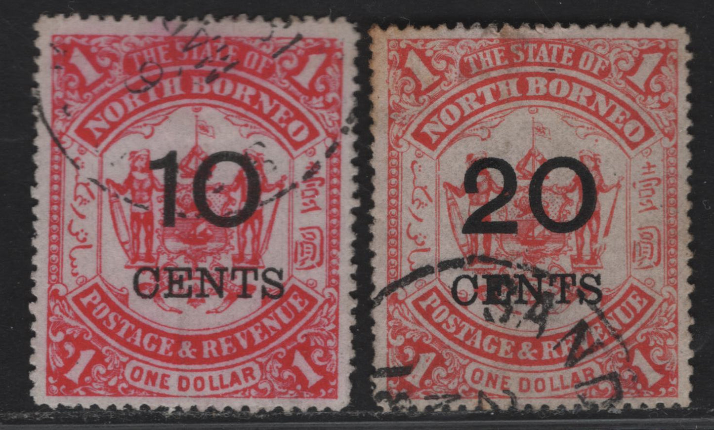 Lot 205 North Borneo SG#88-89 10c on $1 - 20c on $1 Scarlet Arms, 1895 Surcharged Issue, 2 Very Fine Used Singles, Postally Used Example