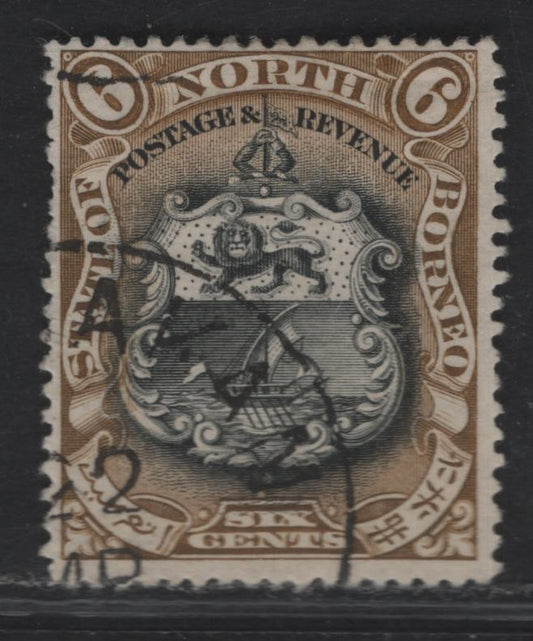 Lot 207 North Borneo SG#73 6c Black & Bistre Brown Arms of the Company, 1894 Pictorial Issue, A Fine Used Single, Perf 14-15, Postally Used Example