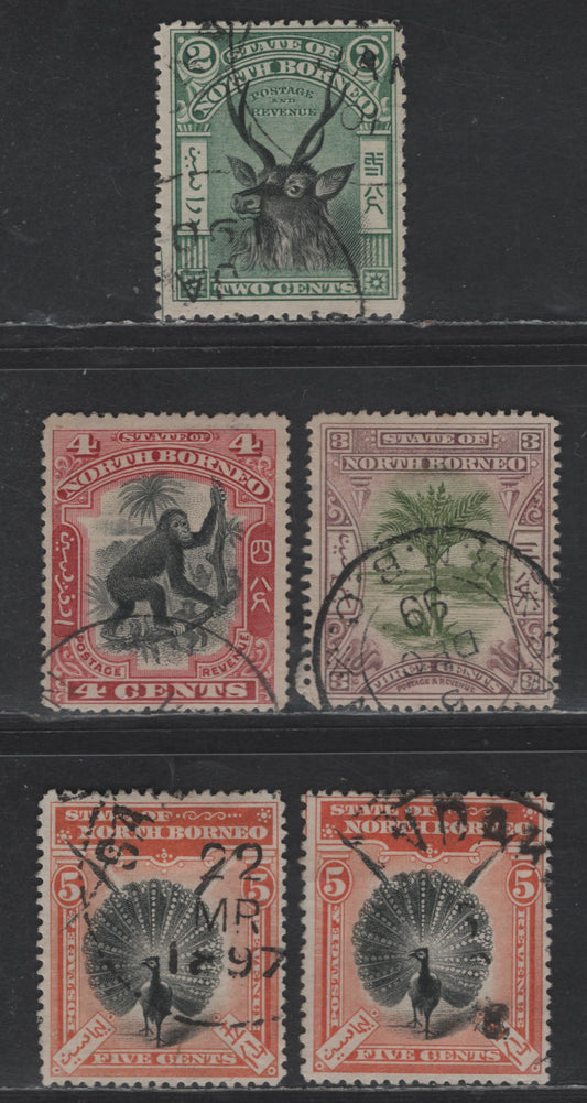 Lot 208 North Borneo SG#95, 96, 99b, 100-a 2c - 5c Black & Green - Black & Orange Sambar Stag - Great Argus Pheasant, 1897-1902 Pictorial Issue, 5 Fine/Very Fine Used Singles, Perfs 13.5x14 & 14.5x15, Postally Used Examples