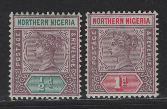 Lot 210 Northern Nigeria SG#1-2 1/2d - 1d Dull Mauve - Green Carmine Queen Victoria, 1900 Queen Victoria Keyplate Issue, 2 F/VFOG Singles