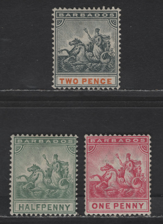 Lot 21 Barbados SG#106-108 1/2d - 2d Dull Green - Slate Black & Orange Badge of the Colony, 1892-1903 Badge of the Colony Issue, 3 F/VFOG Singles