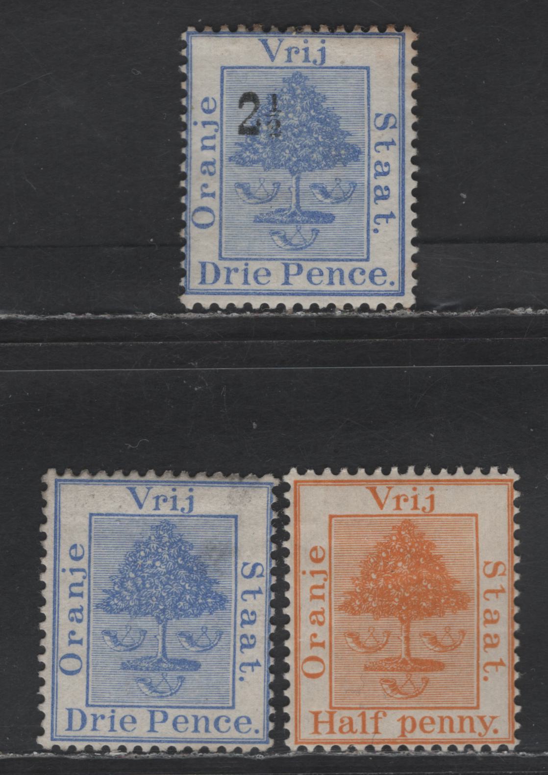 Lot 212 Orange Free State SG#51, 83, 85 3d - 2.5d on 3d Ultramarine Tree, 1883-1897 Tree Definitives, 3 F/VFOG & Unused Singles, 3d Has No Gum