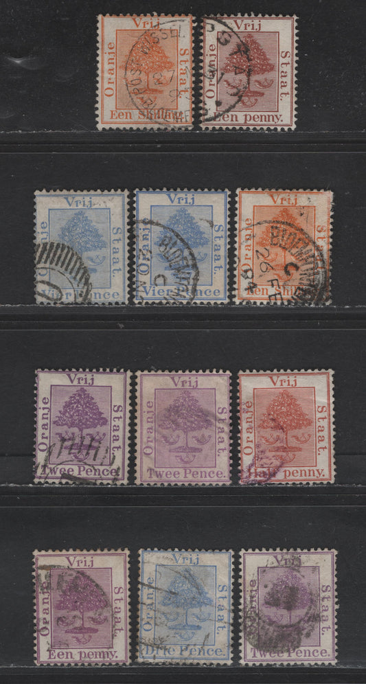 Lot 213 (C) Orange Free State SG#2, 8, 9, 18, 48-51, 68 1d - 3d Red Brown - Ultramarine Tree, 1868-1894 Tree Definitives, 10 Fine Used Singles