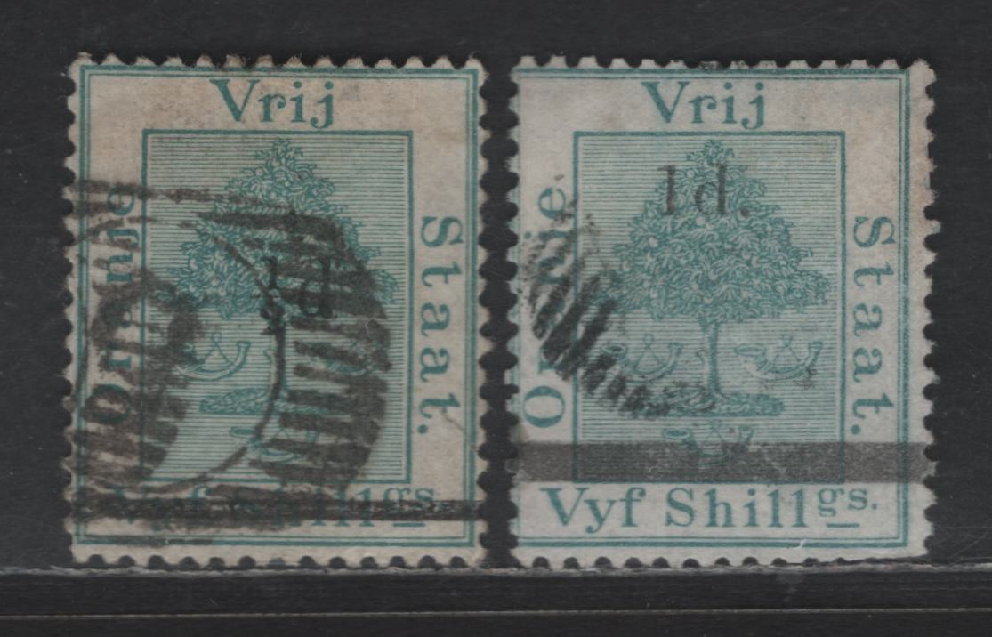 Lot 214 Orange Free State SG#24, 36 1/2d & 1d on 5/- Blue Green Tree, 1881-1882 Surcharged Issue, 2 Very Good/Fine Used Singles, 1d With Straight Serif & Antique 'd', Clipped Perfs At Lower Right