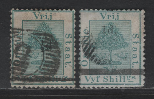 Lot 214 Orange Free State SG#24, 36 1/2d & 1d on 5/- Blue Green Tree, 1881-1882 Surcharged Issue, 2 Very Good/Fine Used Singles, 1d With Straight Serif & Antique 'd', Clipped Perfs At Lower Right