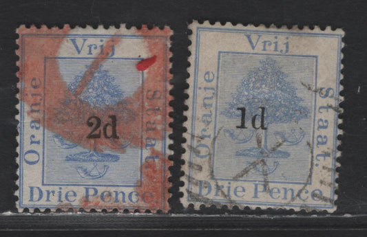 Lot 215 Orange Free State SG#52, 55 2d on 3d - 1d on 3d Ultramarine Tree, 1888-1890 Surcharged Issue, 2 Fine/Very Fine Used Singles, Settings A & B