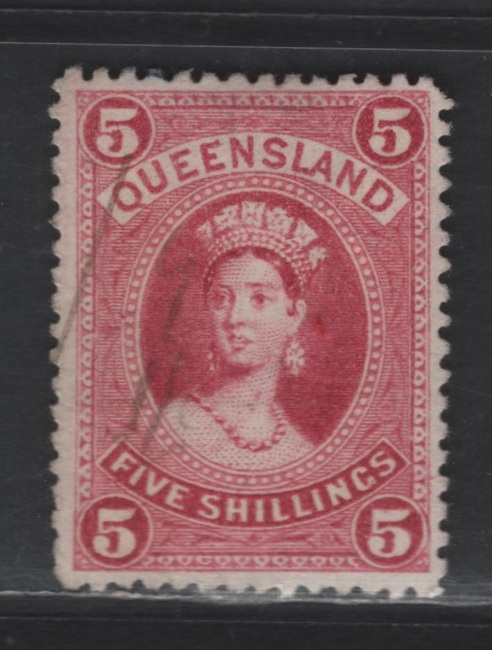 Lot 218 (C) Queensland SG#159 5/- Rose Queen Victoria, 1880 Queen Victoria Issue, A Very Fine Used Single, Large Crown Over Q Wmk, Fiscal Cancel