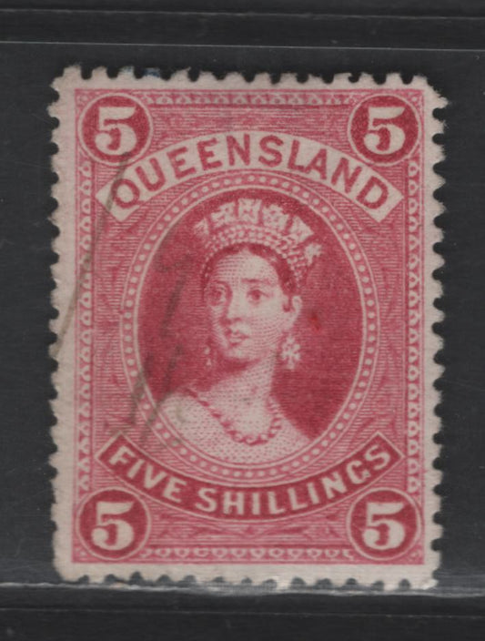 Lot 218 (C) Queensland SG#159 5/- Rose Queen Victoria, 1880 Queen Victoria Issue, A Very Fine Used Single, Large Crown Over Q Wmk, Fiscal Cancel