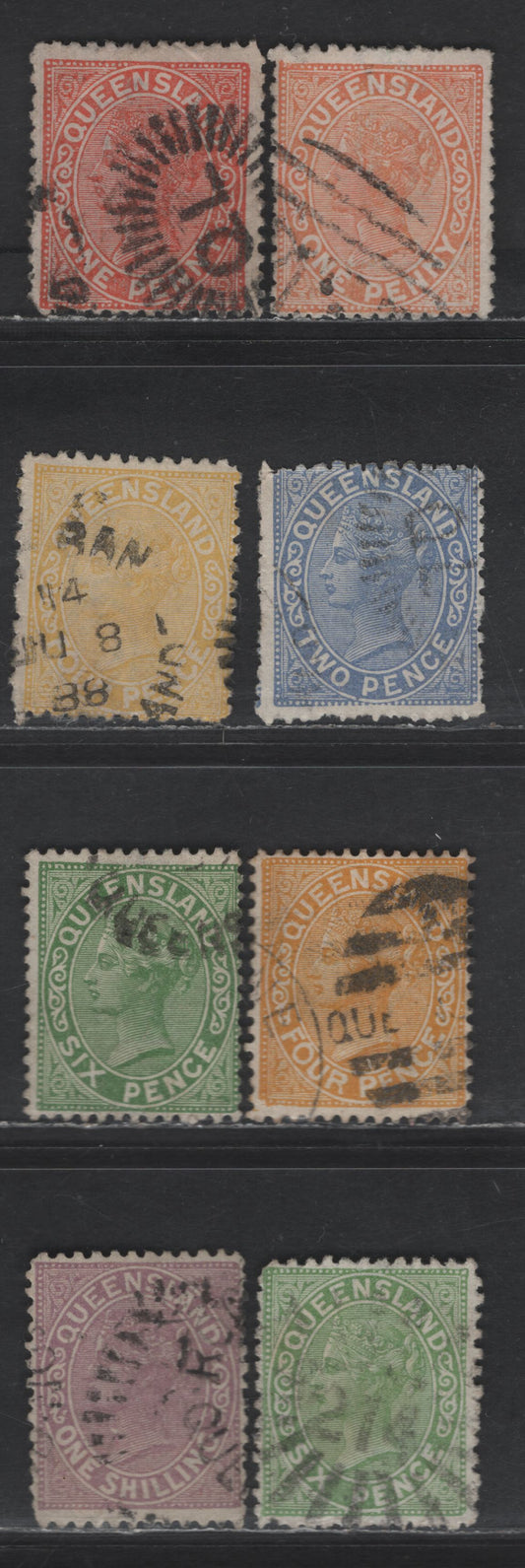 Lot 219 (C) Queensland SG#166-170, 172 1d - 1/- Pale Vermillion Red - Lilac Queen Victoria, 1882-1891 Sidefaced Queen Issue, 6 Fine Used Singles, Crown Over Q Wmk