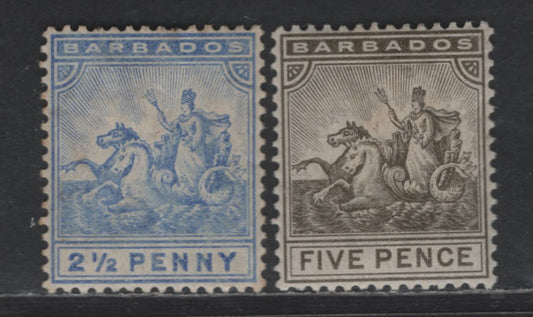 Lot 22 Barbados SG#109-110 2.5d - 5d Ultramarine - Gray Olive Badge of the Colony, 1892-1903 Badge of the Colony Issue, 2 VFOG Singles, Crown CA Wmk