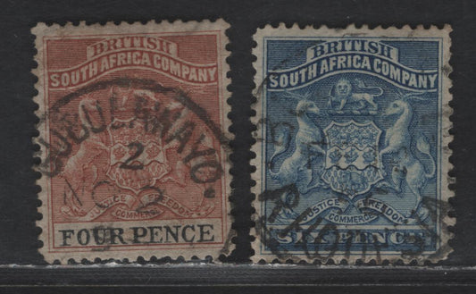 Lot 221 (C) Rhodesia SG#3, 22 4d - 6d Chestnut & Black - Deep Blue Arms, 1892-1894 Coat of Arms Issue, 2 Very Fine Used Singles