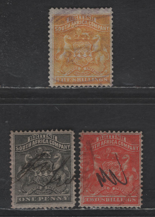 Lot 223 (C) Rhodesia SG#1, 5, 8 1d, 1/- & 5/- Black, Vermillion & Orange Yellow Arms, 1892-1893 Coat of Arms Issue, 3 Fine/Very Fine Used Singles, Revenue Cancels