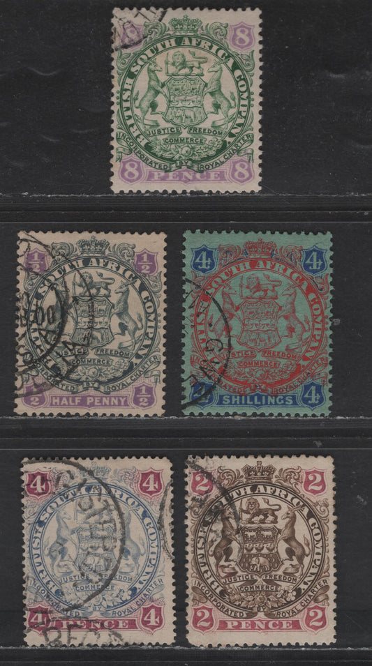 Lot 224 (C) Rhodesia SG#34, 37,41, 68, 70 8d - 4d Green & Mauve - Ultramarine & Claret Arms, 1896-1897 Coat of Arms Issue, 5 Fine/Very Fine Used Singles, Various Dies