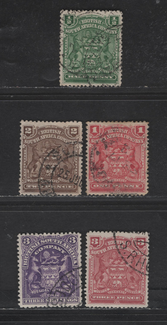 Lot 225 (C) Rhodesia SG#76-77, 79, 81, 86 1/2d - 3/- Green - Deep Violet Arms, 1898-1908 Arms Issue, 5 Very Fine Used Singles