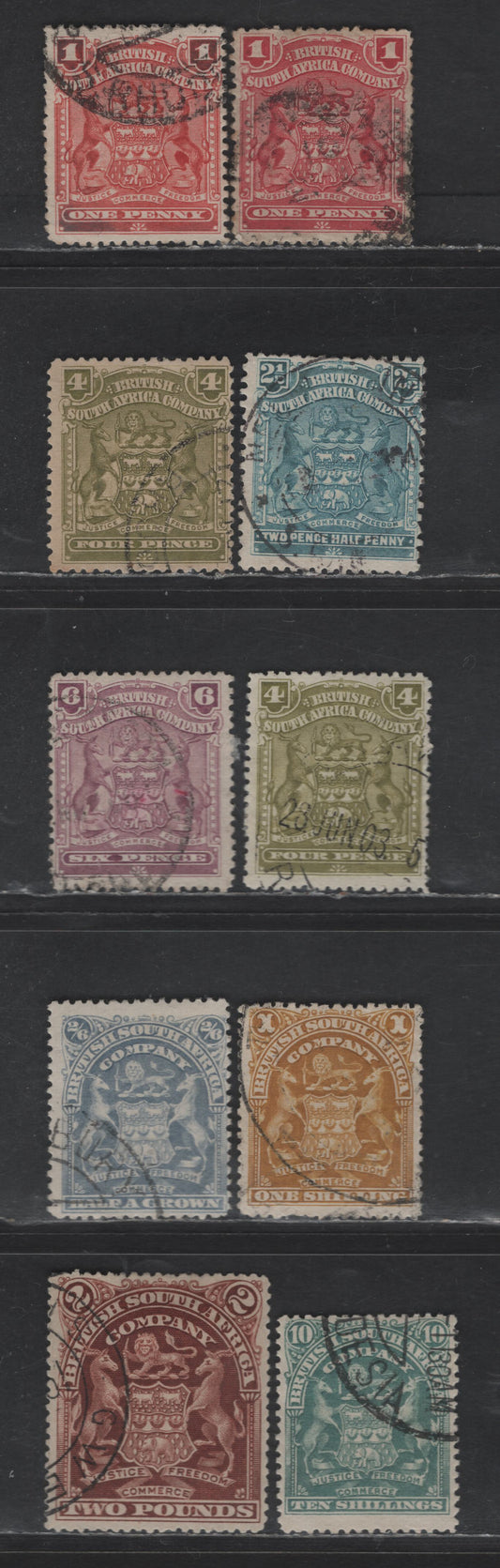 Lot 226 (C) Rhodesia SG#77-78, 80, 82-84, 89, 91 1d - £2 Rose - Brown Arms, 1898-1908 Arms Issue, 8 Fine Used Singles