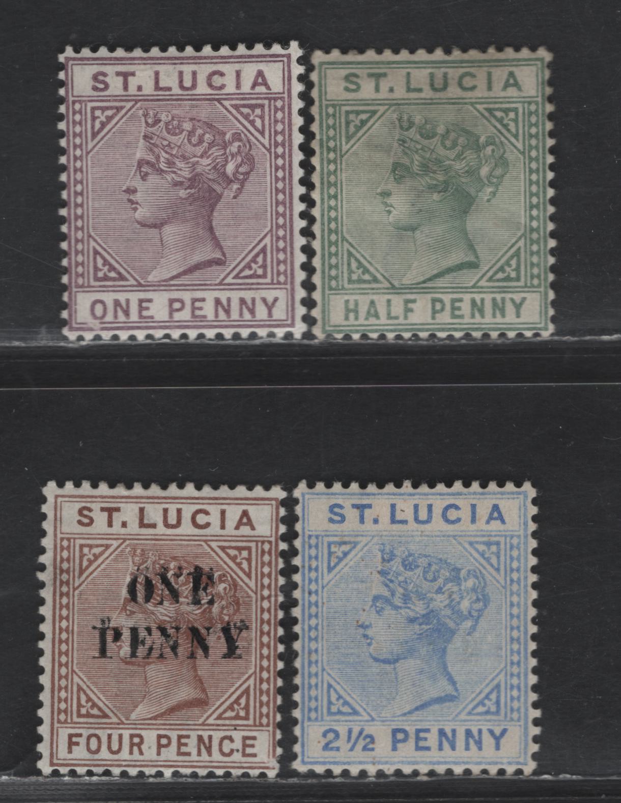 Lot 228 St Lucia SG#43-44, 46, 55 1/2d - 1d on 4d Dull Green - Brown Queen Victoria, 1891-1898 De La Rue Imperium Keyplates Issues, 4 F/VFOG Singles, All Die 2