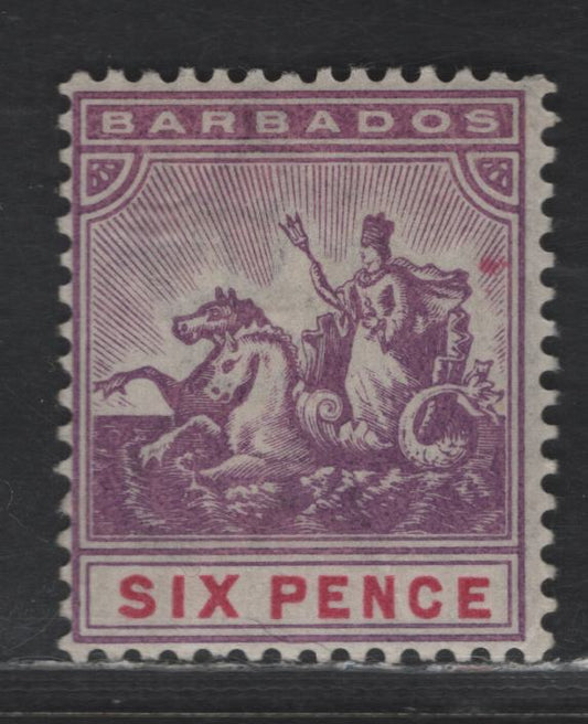 Lot 23 Barbados SG#111 6d Mauve & Carmine Badge of the Colony, 1892-1903 Badge of the Colony Issue, A FOG Single, Crown CA Wmk
