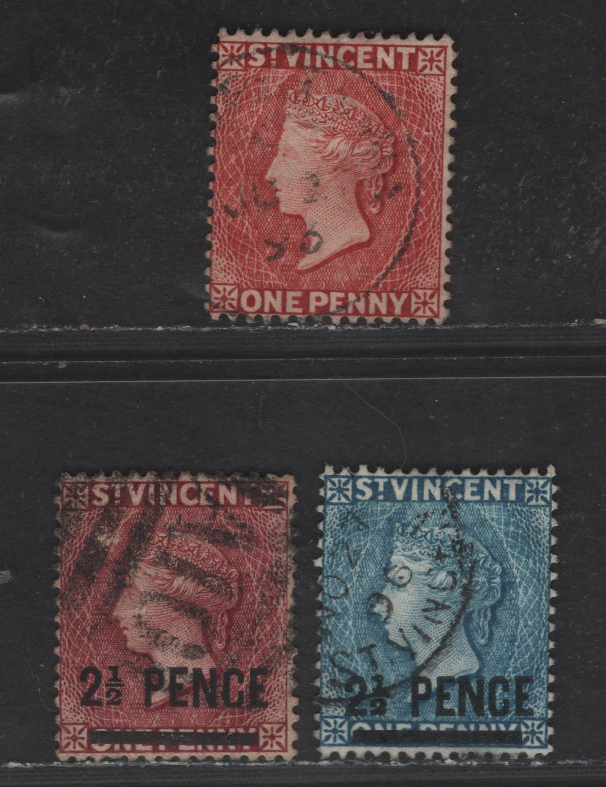 Lot 232 St Vincent SG#40, 48c, 49 2.5d on 1d Lake - Milky Blue Queen Victoria, 1882-1893 Surcharged Issues, 3 Fine/Very Fine Used Singles, Crown CA Wmk