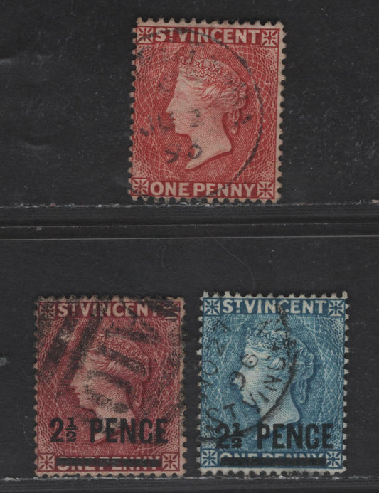 Lot 232 St Vincent SG#40, 48c, 49 2.5d on 1d Lake - Milky Blue Queen Victoria, 1882-1893 Surcharged Issues, 3 Fine/Very Fine Used Singles, Crown CA Wmk
