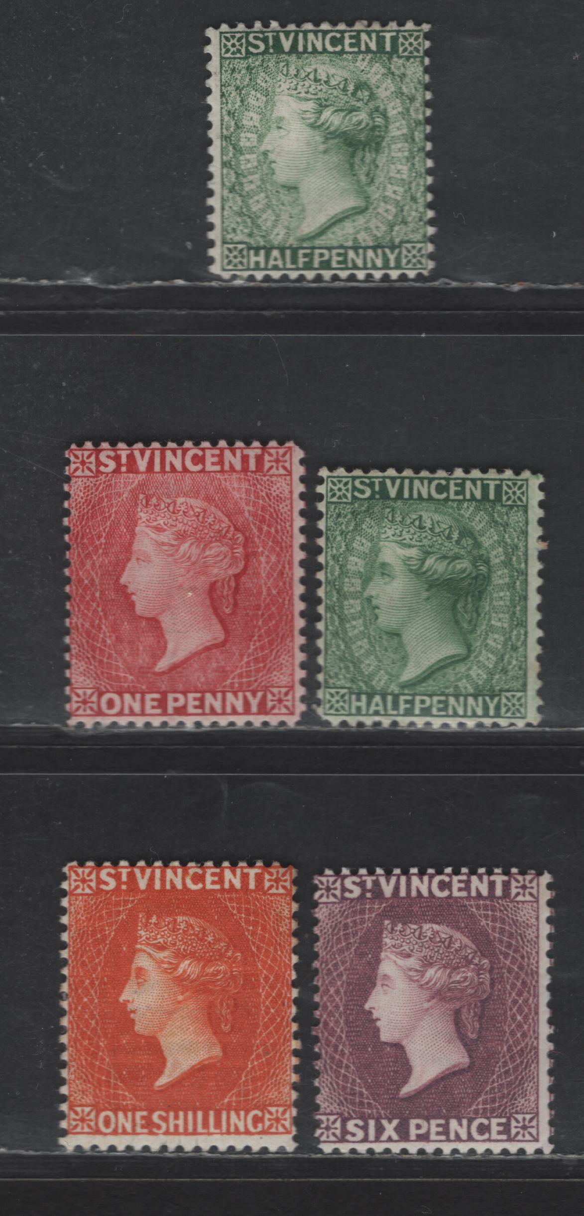 Lot 233 St Vincent SG#47-a, 48a, 57, 58a 1/2d - 1/- Green - Red Orange Queen Victoria, 1882-1893 Surcharged Issues, 5 FOG Singles