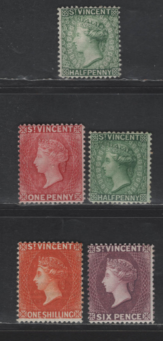 Lot 233 St Vincent SG#47-a, 48a, 57, 58a 1/2d - 1/- Green - Red Orange Queen Victoria, 1882-1893 Surcharged Issues, 5 FOG Singles